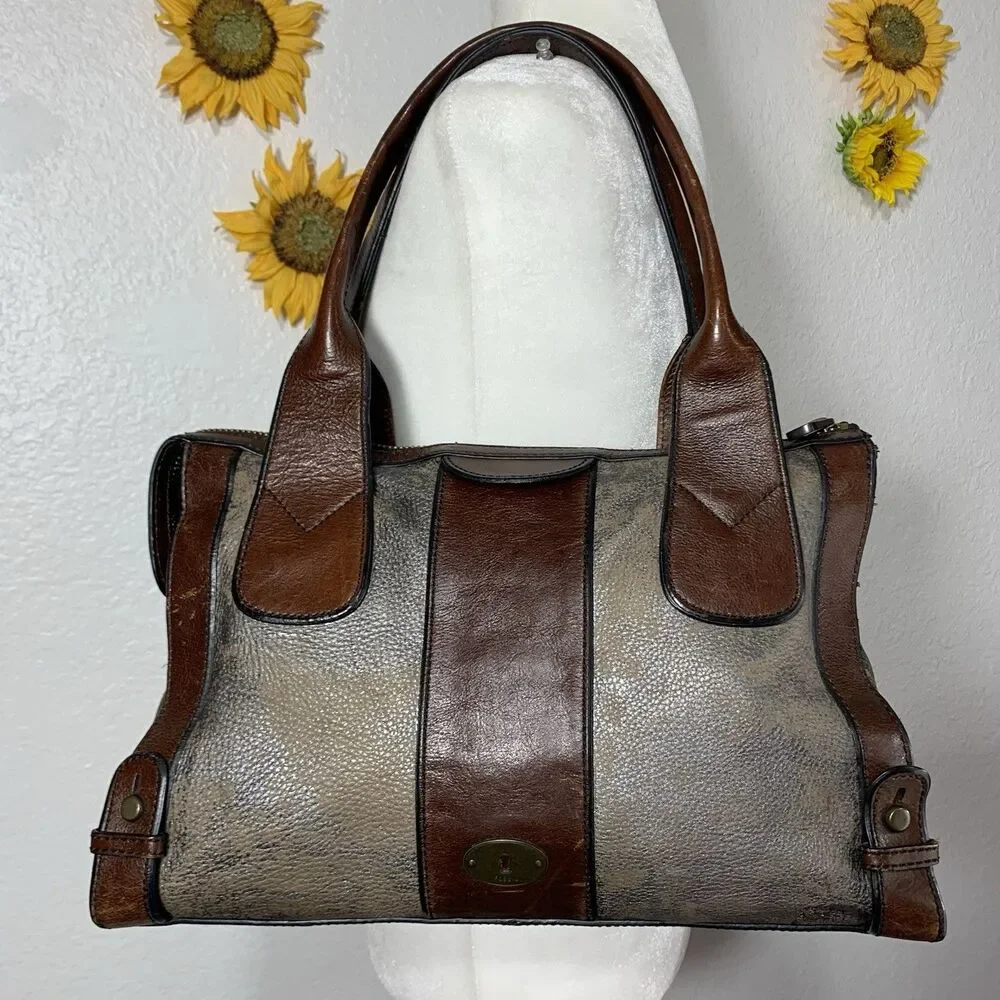 Fossil Reissue Weekender Distressed Leather Pebble Satchel Purse Womens